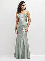 Front View Thumbnail - Willow Green Strapless Satin Fit and Flare Dress with Crumb-Catcher Bodice