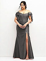 Front View Thumbnail - Caviar Gray Off-the-Shoulder Bow Satin Corset Dress with Fit and Flare Skirt