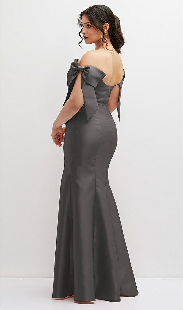 Back View - Caviar Gray Off-the-Shoulder Bow Satin Corset Dress with Fit and Flare Skirt