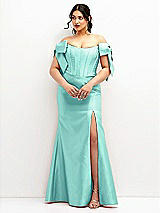 Front View Thumbnail - Coastal Off-the-Shoulder Bow Satin Corset Dress with Fit and Flare Skirt