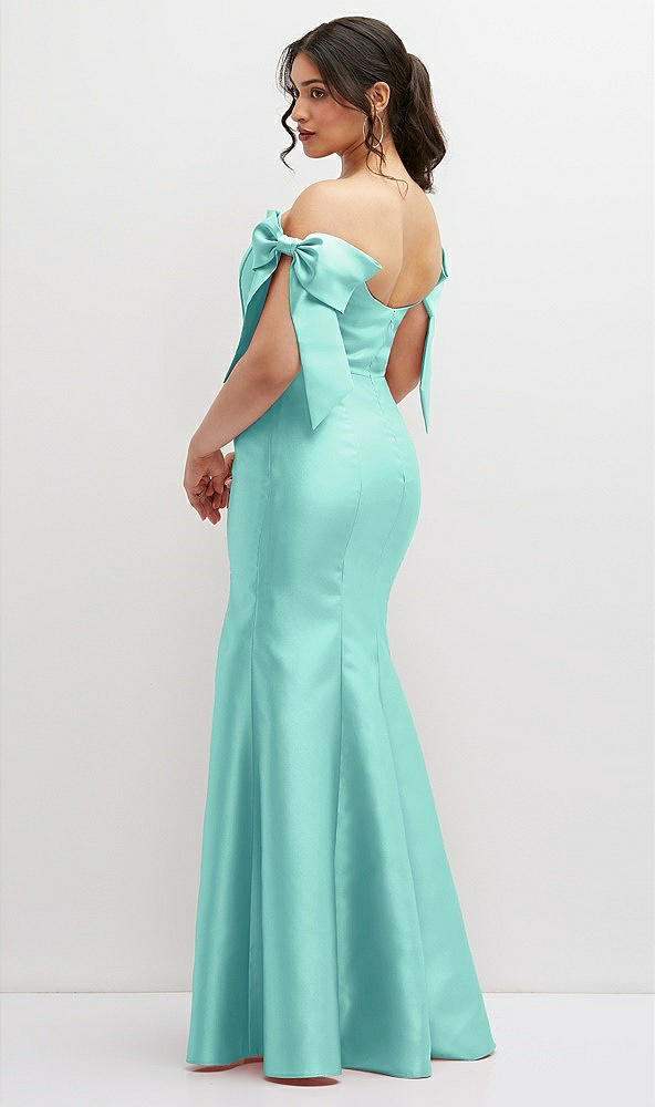 Back View - Coastal Off-the-Shoulder Bow Satin Corset Dress with Fit and Flare Skirt