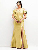 Front View Thumbnail - Maize Off-the-Shoulder Bow Satin Corset Dress with Fit and Flare Skirt
