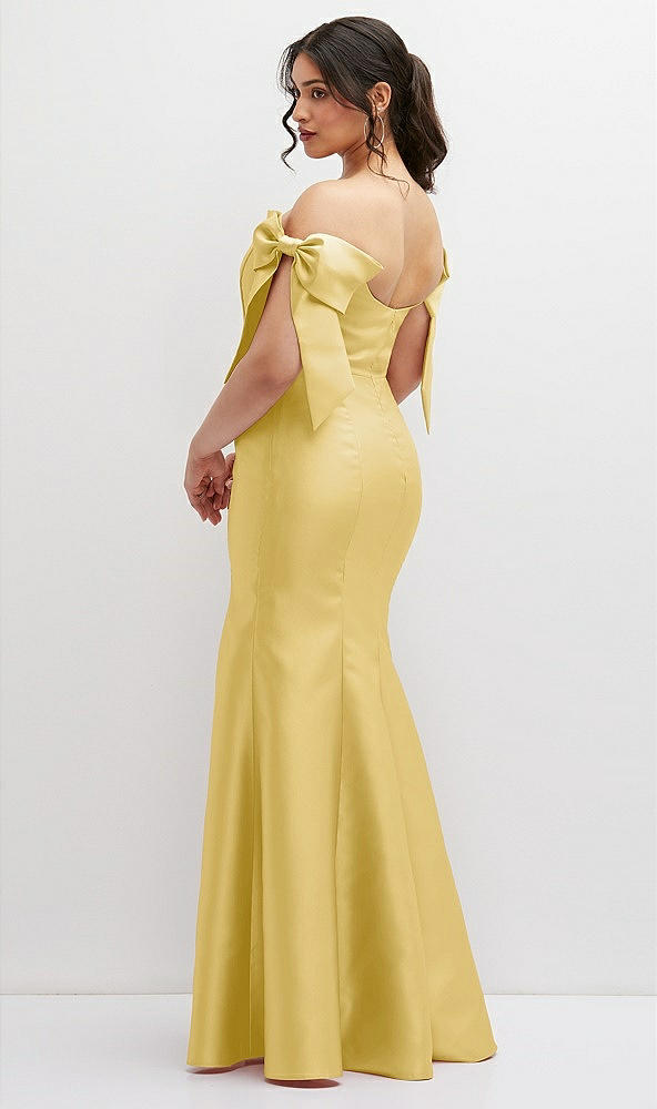 Back View - Maize Off-the-Shoulder Bow Satin Corset Dress with Fit and Flare Skirt