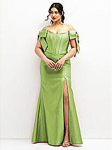Front View Thumbnail - Mojito Off-the-Shoulder Bow Satin Corset Dress with Fit and Flare Skirt