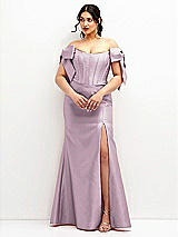 Front View Thumbnail - Suede Rose Off-the-Shoulder Bow Satin Corset Dress with Fit and Flare Skirt