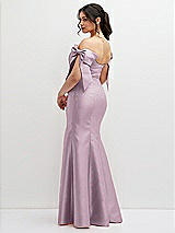 Rear View Thumbnail - Suede Rose Off-the-Shoulder Bow Satin Corset Dress with Fit and Flare Skirt