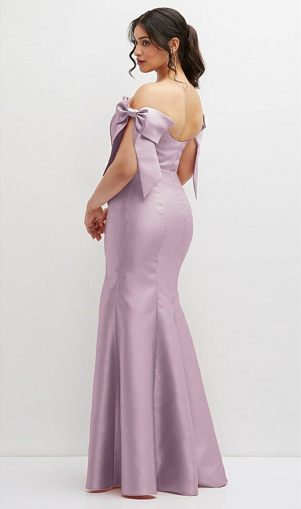 Back View - Suede Rose Off-the-Shoulder Bow Satin Corset Dress with Fit and Flare Skirt