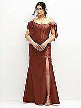 Front View Thumbnail - Auburn Moon Off-the-Shoulder Bow Satin Corset Dress with Fit and Flare Skirt