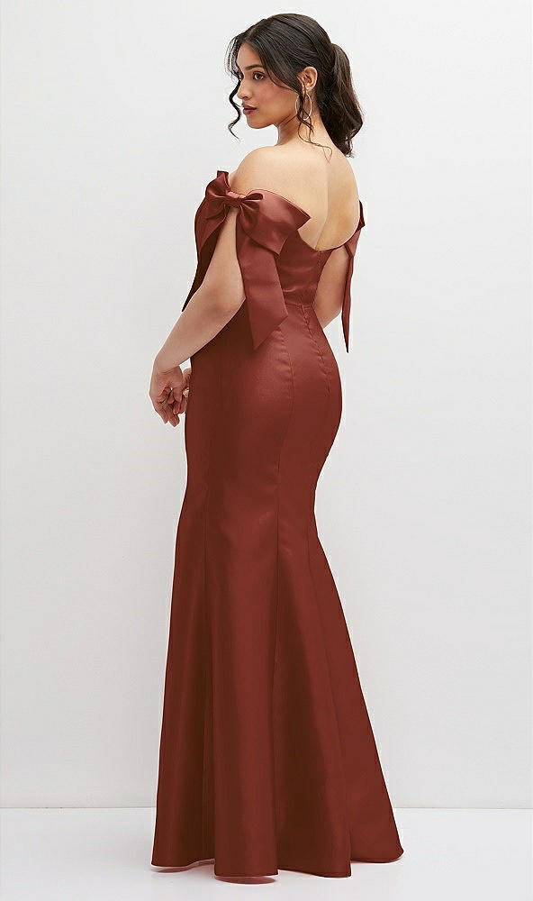 Back View - Auburn Moon Off-the-Shoulder Bow Satin Corset Dress with Fit and Flare Skirt