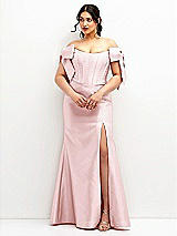 Front View Thumbnail - Ballet Pink Off-the-Shoulder Bow Satin Corset Dress with Fit and Flare Skirt