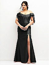 Front View Thumbnail - Black Off-the-Shoulder Bow Satin Corset Dress with Fit and Flare Skirt
