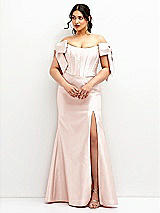 Front View Thumbnail - Blush Off-the-Shoulder Bow Satin Corset Dress with Fit and Flare Skirt