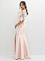 Side View Thumbnail - Blush Off-the-Shoulder Bow Satin Corset Dress with Fit and Flare Skirt