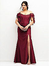 Front View Thumbnail - Burgundy Off-the-Shoulder Bow Satin Corset Dress with Fit and Flare Skirt