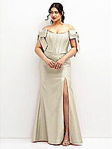 Front View Thumbnail - Champagne Off-the-Shoulder Bow Satin Corset Dress with Fit and Flare Skirt