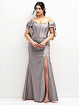 Front View Thumbnail - Cashmere Gray Off-the-Shoulder Bow Satin Corset Dress with Fit and Flare Skirt
