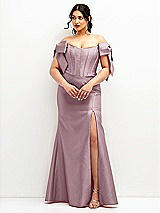 Front View Thumbnail - Dusty Rose Off-the-Shoulder Bow Satin Corset Dress with Fit and Flare Skirt