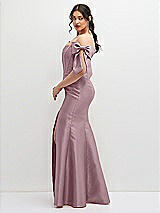 Side View Thumbnail - Dusty Rose Off-the-Shoulder Bow Satin Corset Dress with Fit and Flare Skirt