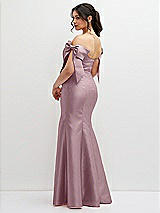 Rear View Thumbnail - Dusty Rose Off-the-Shoulder Bow Satin Corset Dress with Fit and Flare Skirt