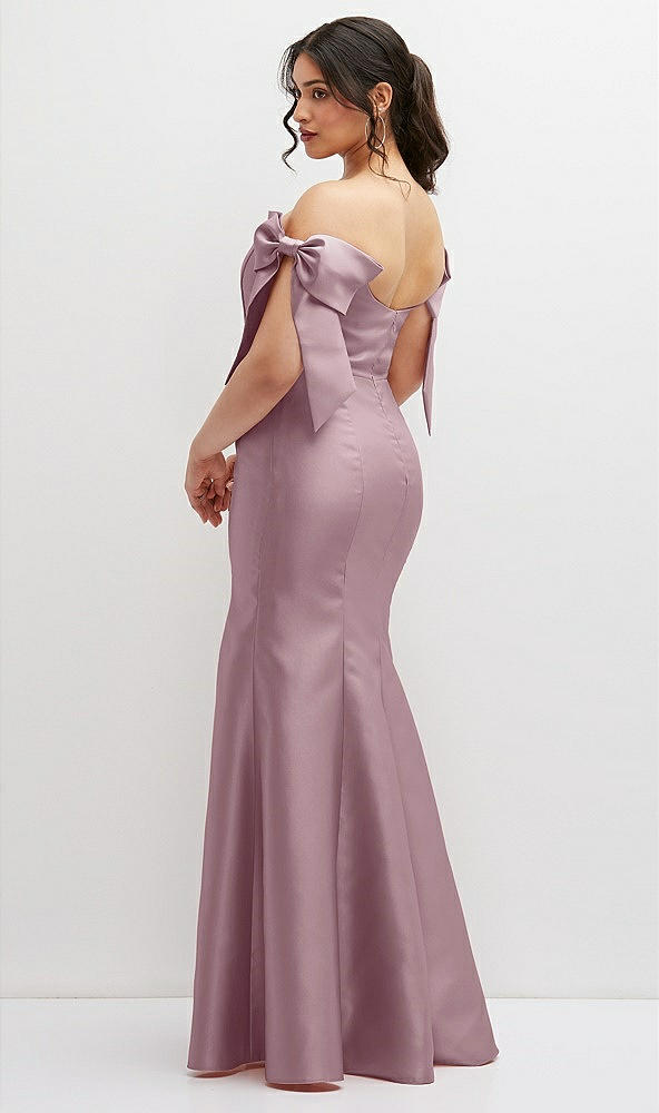 Back View - Dusty Rose Off-the-Shoulder Bow Satin Corset Dress with Fit and Flare Skirt
