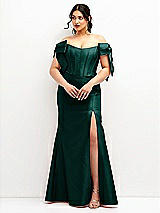 Front View Thumbnail - Evergreen Off-the-Shoulder Bow Satin Corset Dress with Fit and Flare Skirt