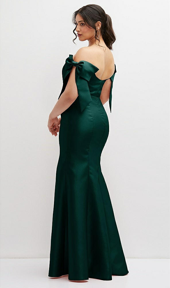 Back View - Evergreen Off-the-Shoulder Bow Satin Corset Dress with Fit and Flare Skirt