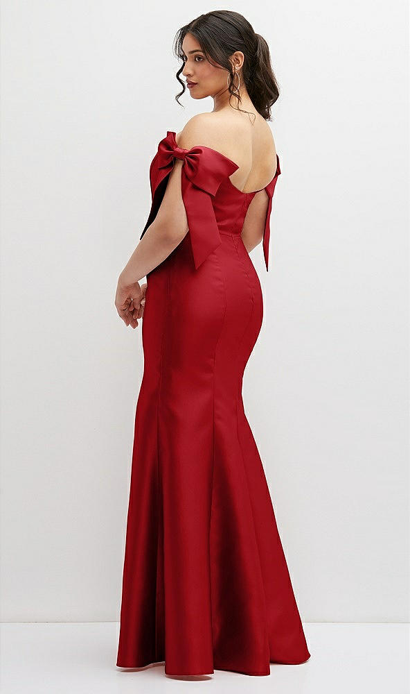 Back View - Garnet Off-the-Shoulder Bow Satin Corset Dress with Fit and Flare Skirt