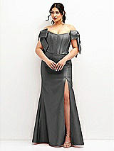 Front View Thumbnail - Gunmetal Off-the-Shoulder Bow Satin Corset Dress with Fit and Flare Skirt