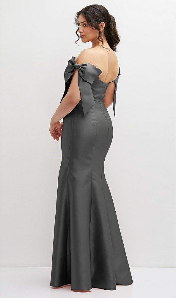 Back View - Gunmetal Off-the-Shoulder Bow Satin Corset Dress with Fit and Flare Skirt