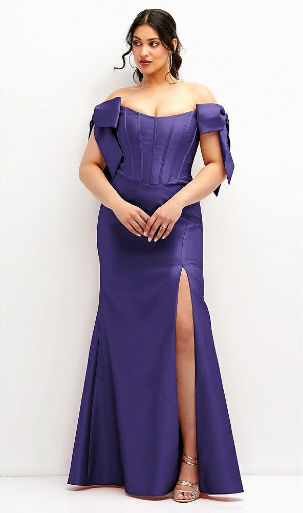 Front View - Grape Off-the-Shoulder Bow Satin Corset Dress with Fit and Flare Skirt