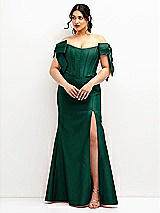 Front View Thumbnail - Hunter Green Off-the-Shoulder Bow Satin Corset Dress with Fit and Flare Skirt