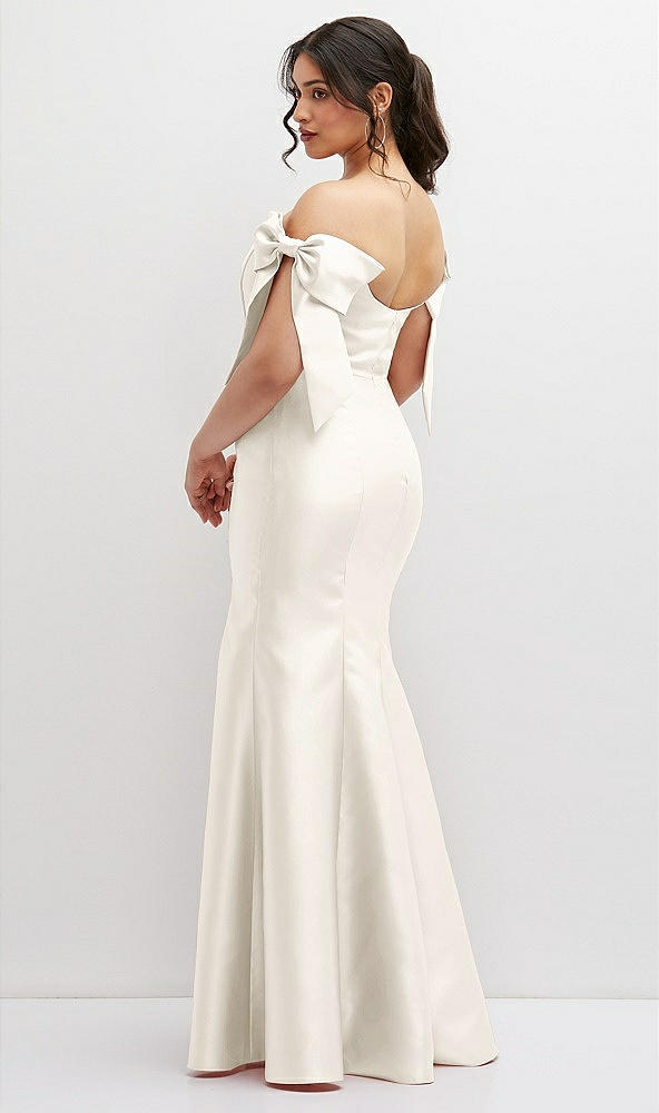 Back View - Ivory Off-the-Shoulder Bow Satin Corset Dress with Fit and Flare Skirt