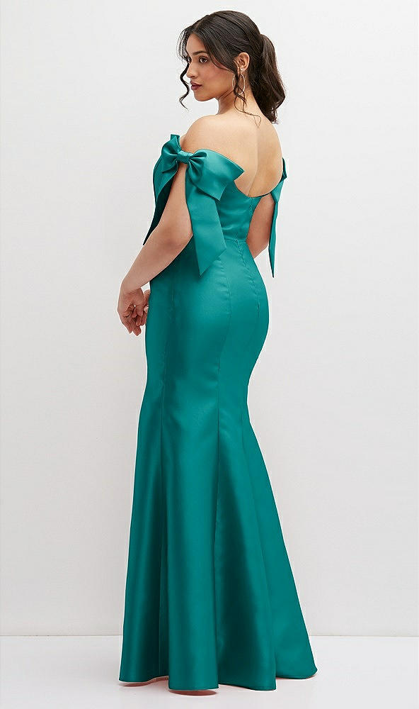Back View - Jade Off-the-Shoulder Bow Satin Corset Dress with Fit and Flare Skirt