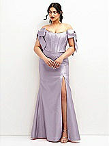 Front View Thumbnail - Lilac Haze Off-the-Shoulder Bow Satin Corset Dress with Fit and Flare Skirt