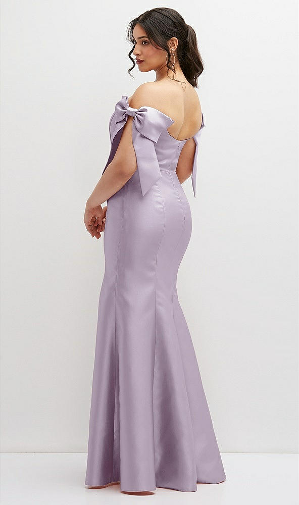 Back View - Lilac Haze Off-the-Shoulder Bow Satin Corset Dress with Fit and Flare Skirt
