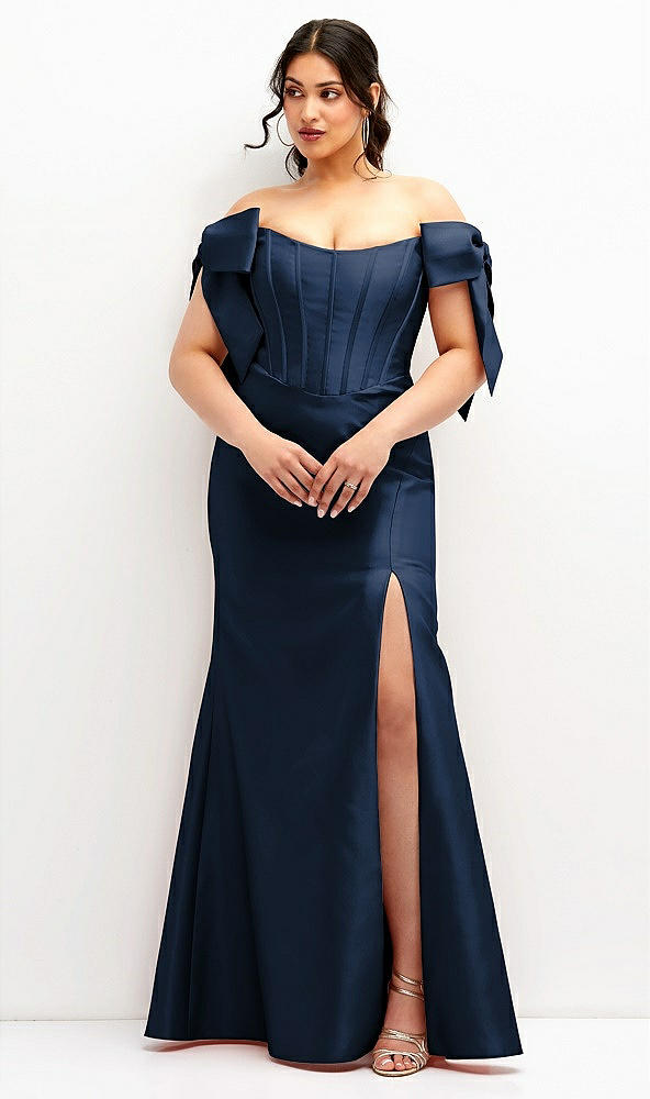 Front View - Midnight Navy Off-the-Shoulder Bow Satin Corset Dress with Fit and Flare Skirt