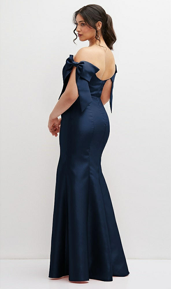 Back View - Midnight Navy Off-the-Shoulder Bow Satin Corset Dress with Fit and Flare Skirt