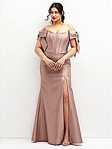 Front View Thumbnail - Neu Nude Off-the-Shoulder Bow Satin Corset Dress with Fit and Flare Skirt