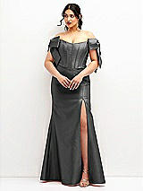 Front View Thumbnail - Pewter Off-the-Shoulder Bow Satin Corset Dress with Fit and Flare Skirt