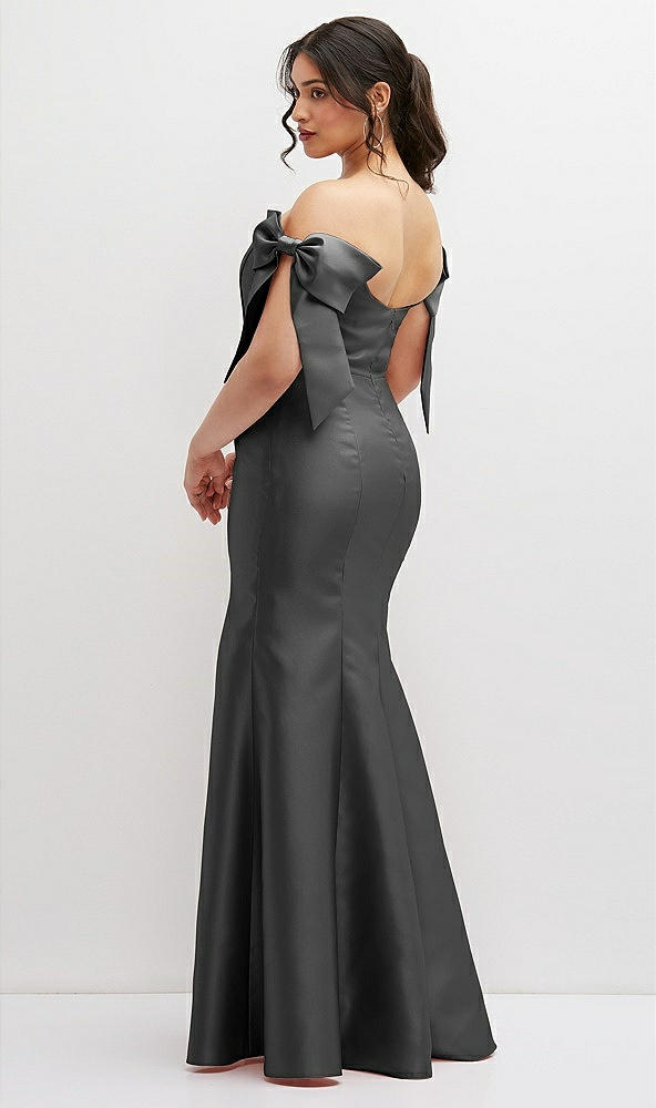 Back View - Pewter Off-the-Shoulder Bow Satin Corset Dress with Fit and Flare Skirt