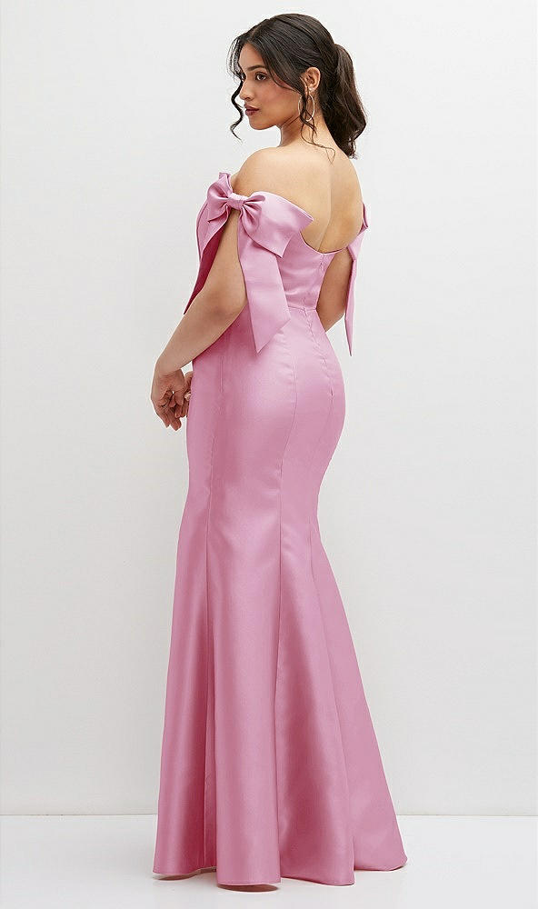 Back View - Powder Pink Off-the-Shoulder Bow Satin Corset Dress with Fit and Flare Skirt