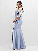 Side View Thumbnail - Sky Blue Off-the-Shoulder Bow Satin Corset Dress with Fit and Flare Skirt