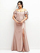 Front View Thumbnail - Toasted Sugar Off-the-Shoulder Bow Satin Corset Dress with Fit and Flare Skirt