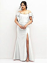 Front View Thumbnail - White Off-the-Shoulder Bow Satin Corset Dress with Fit and Flare Skirt