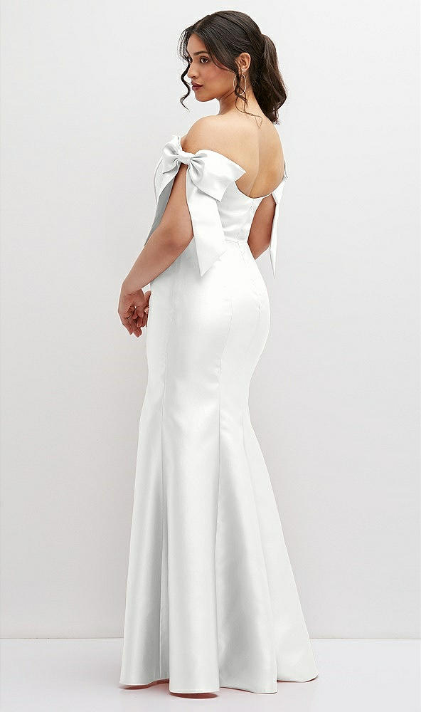 Back View - White Off-the-Shoulder Bow Satin Corset Dress with Fit and Flare Skirt
