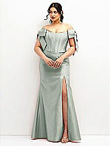 Front View Thumbnail - Willow Green Off-the-Shoulder Bow Satin Corset Dress with Fit and Flare Skirt