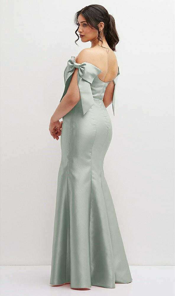 Back View - Willow Green Off-the-Shoulder Bow Satin Corset Dress with Fit and Flare Skirt