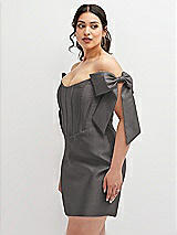 Alt View 1 Thumbnail - Caviar Gray Satin Off-the-Shoulder Bow Corset Fit and Flare Mini Dress