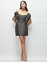 Front View Thumbnail - Caviar Gray Satin Off-the-Shoulder Bow Corset Fit and Flare Mini Dress