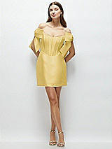 Front View Thumbnail - Maize Satin Off-the-Shoulder Bow Corset Fit and Flare Mini Dress